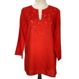 Jones New York Signature Linen 3/4 Sleeve Blouse Red Medium